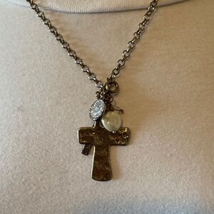 Bronze Cross Pendant Necklace with Pearl and Crystal Accents